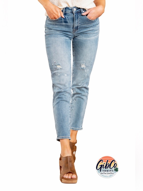 Risen Jeans Denim - RISEN | SIZE 29 | PEYTON MID RISE TAPERED DISTRESSED JEAN PAINT SPLATTER DESIGN